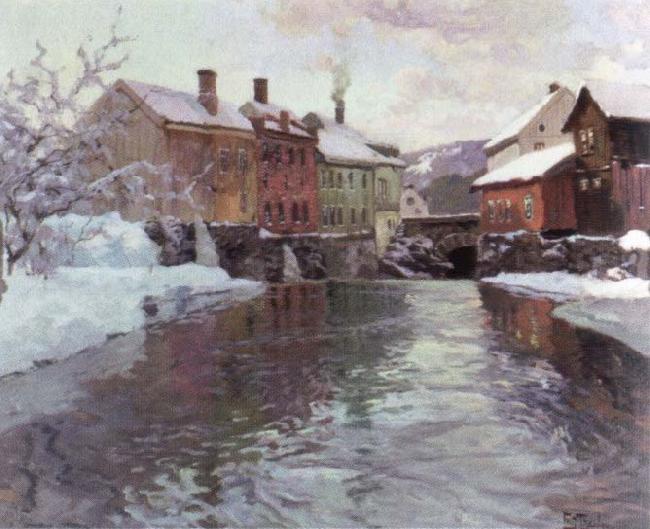 Frits Thaulow snow covered buildings by a river France oil painting art